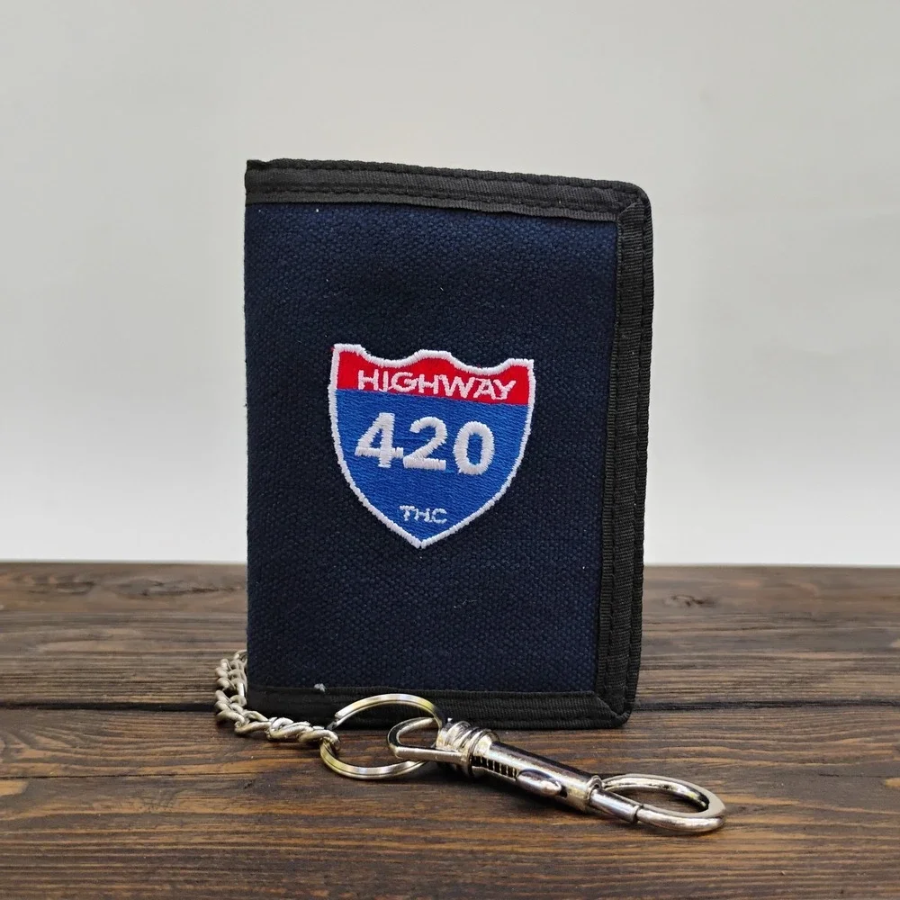 THC Highway 420 Blue Hook and Loop Embroidered Fabric TriFold Wallet With Chain
